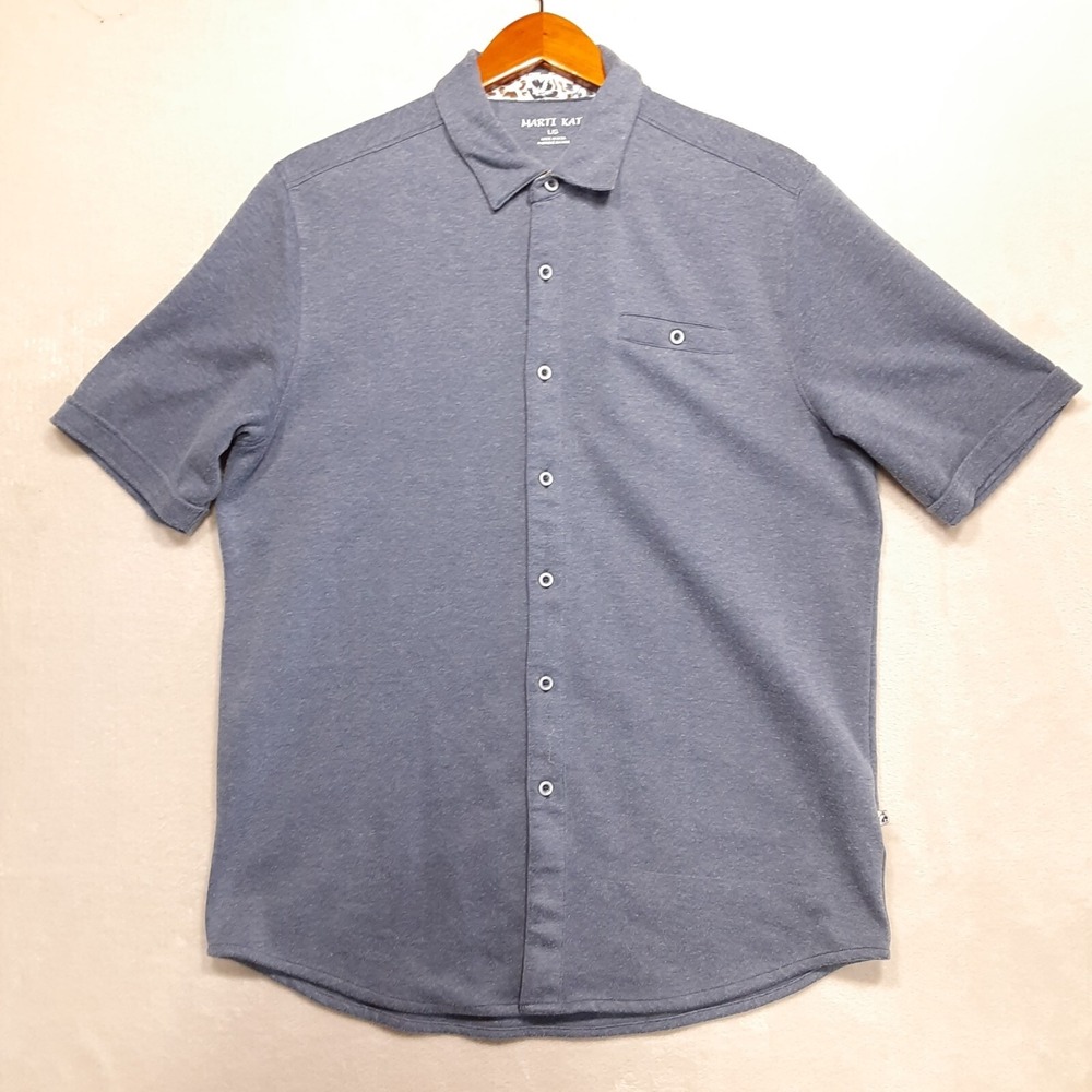 Marti Kat Mens Short Sleeve Button Shirt Sz.L/Blue Soft Cotton Blend Floral